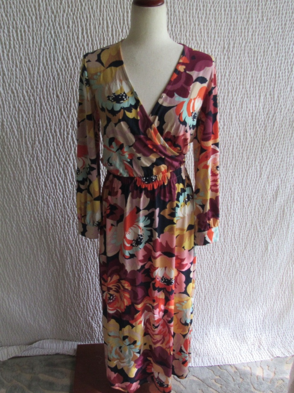 Colorful Maxi Dress XXS No iron easy care Long Sleeve Wrap Upper Pink Burgundy